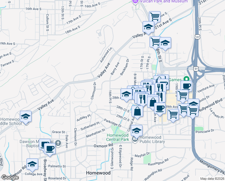 map of restaurants, bars, coffee shops, grocery stores, and more near 1601 Woodfern Drive in Birmingham