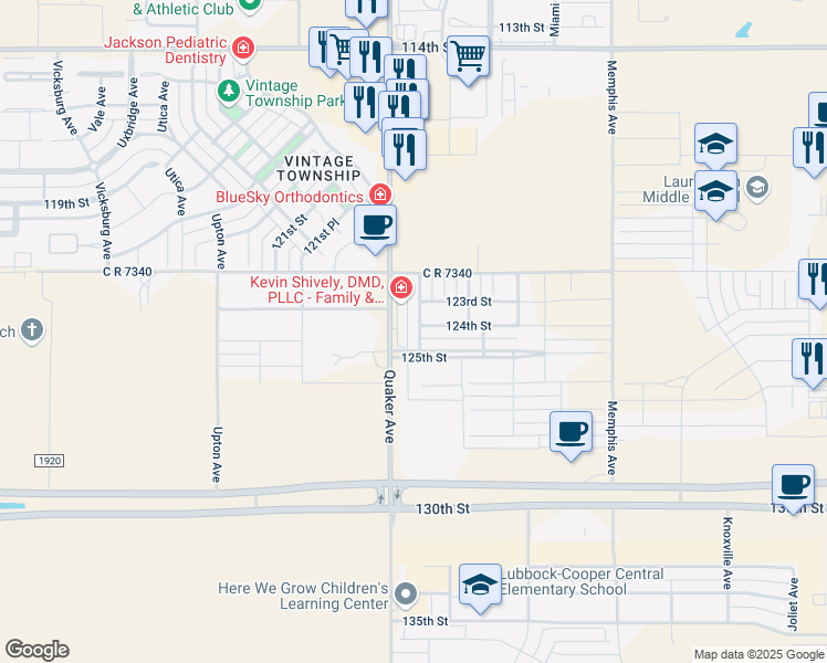 map of restaurants, bars, coffee shops, grocery stores, and more near 12402 Peoria Avenue in Lubbock