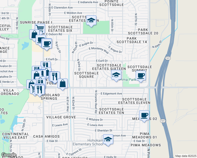 map of restaurants, bars, coffee shops, grocery stores, and more near 2933 North Granite Reef Road in Scottsdale