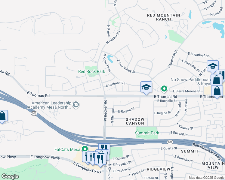 map of restaurants, bars, coffee shops, grocery stores, and more near 6035 East Sayan Circle in Mesa