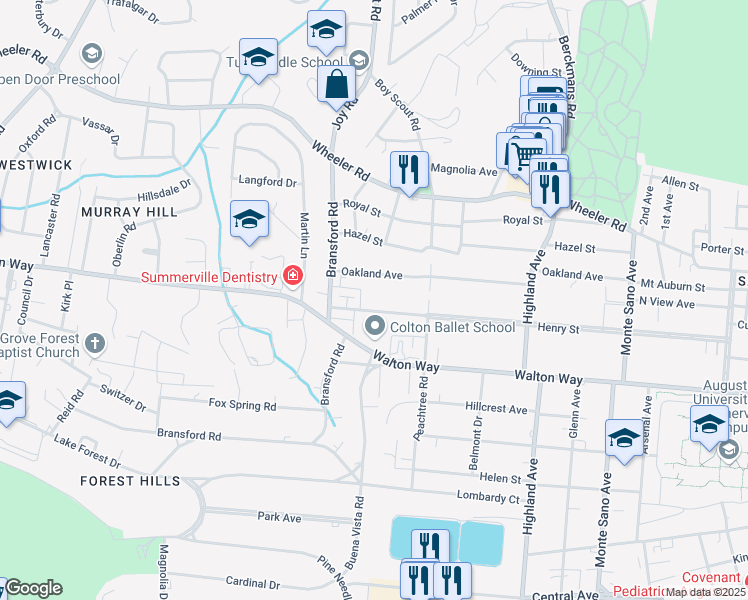 map of restaurants, bars, coffee shops, grocery stores, and more near 2925 Henry Street in Augusta