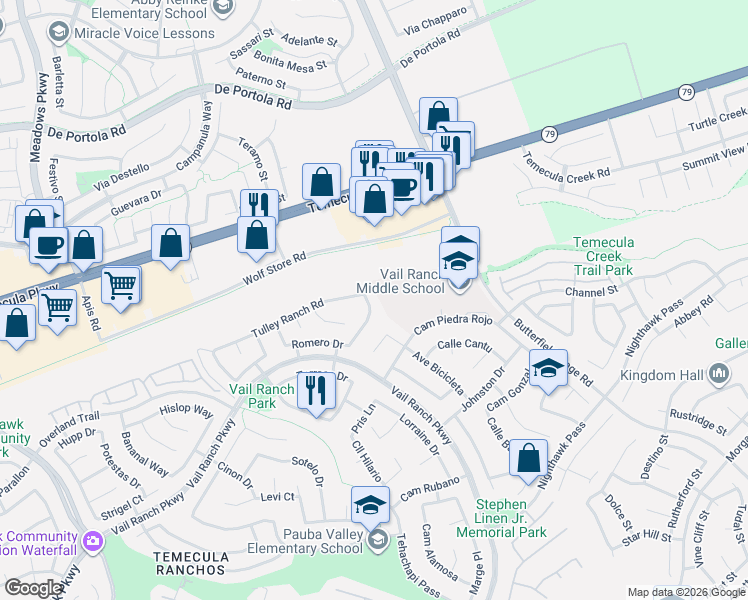map of restaurants, bars, coffee shops, grocery stores, and more near 44462 Cayenne Trail in Temecula