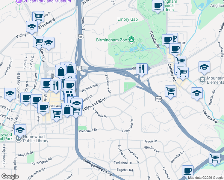 map of restaurants, bars, coffee shops, grocery stores, and more near 107 Poinciana Drive in Homewood