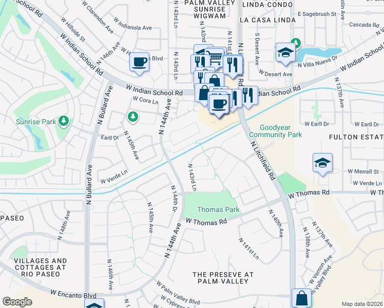 map of restaurants, bars, coffee shops, grocery stores, and more near 14340 West Woodbridge Avenue in Goodyear