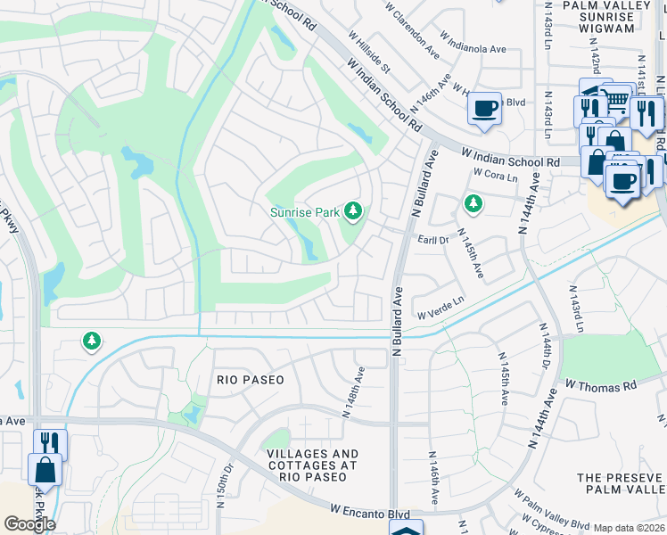 map of restaurants, bars, coffee shops, grocery stores, and more near 14861 West Robson Circle South in Goodyear