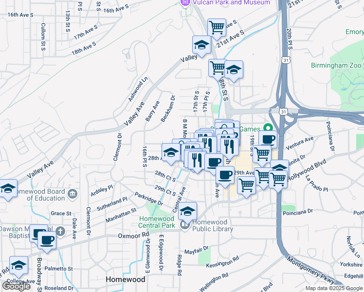 map of restaurants, bars, coffee shops, grocery stores, and more near 2716 B M Montgomery Street in Homewood