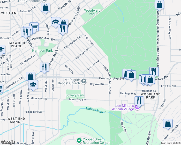 map of restaurants, bars, coffee shops, grocery stores, and more near 1320 15th Way Southwest in Birmingham