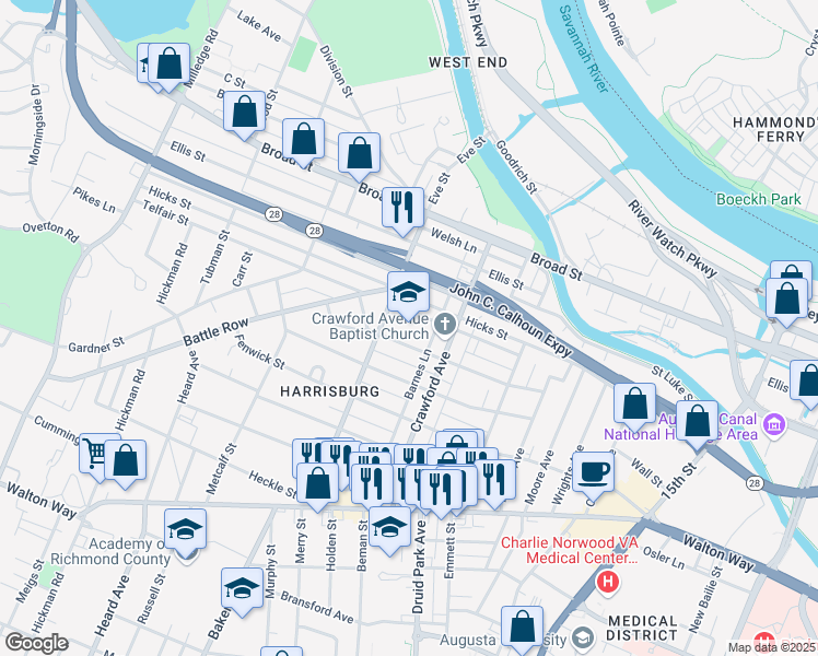 map of restaurants, bars, coffee shops, grocery stores, and more near 510 Eve Street in Augusta