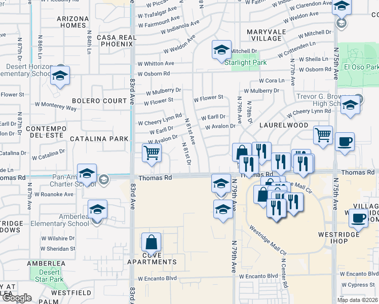 map of restaurants, bars, coffee shops, grocery stores, and more near 2941 North 81st Drive in Phoenix