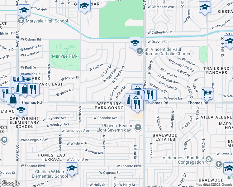 map of restaurants, bars, coffee shops, grocery stores, and more near 2920 North 52nd Drive in Phoenix