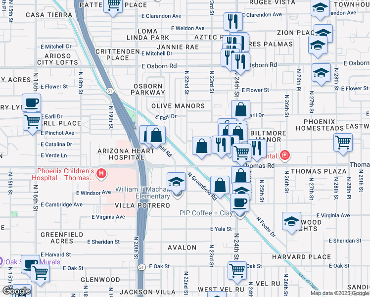 map of restaurants, bars, coffee shops, grocery stores, and more near 2930 North 21st Place in Phoenix