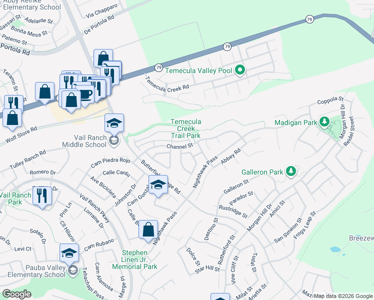 map of restaurants, bars, coffee shops, grocery stores, and more near 44364 Kingston Drive in Temecula