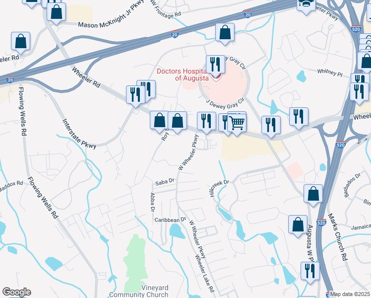 map of restaurants, bars, coffee shops, grocery stores, and more near 1215 West Wheeler Parkway in Augusta