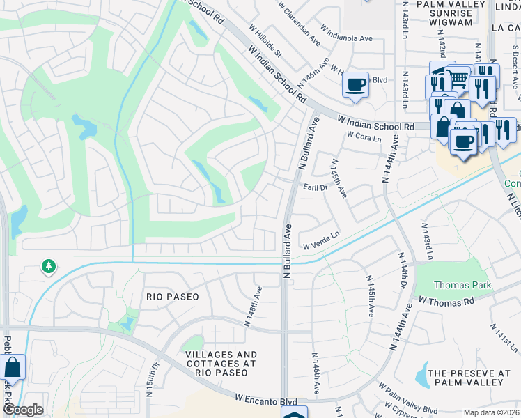 map of restaurants, bars, coffee shops, grocery stores, and more near 3081 North 148th Avenue in Goodyear