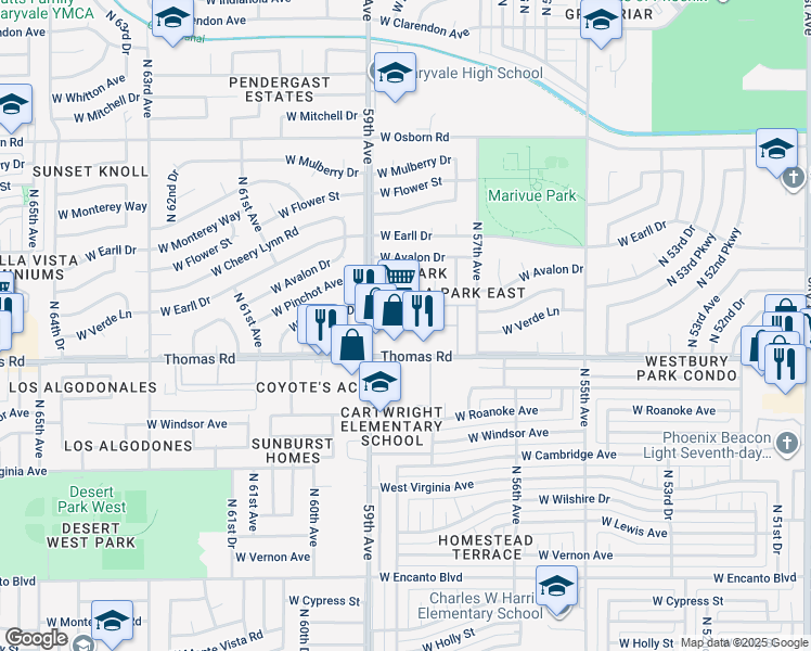 map of restaurants, bars, coffee shops, grocery stores, and more near 5848 West Thomas Road in Phoenix