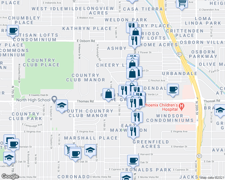 map of restaurants, bars, coffee shops, grocery stores, and more near 2941 North 14th Street in Phoenix