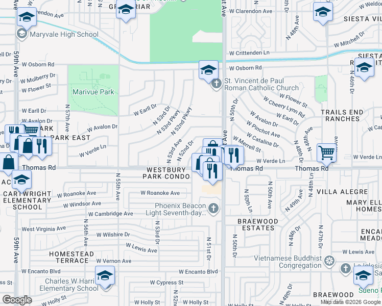 map of restaurants, bars, coffee shops, grocery stores, and more near 2926 North 52nd Avenue in Phoenix