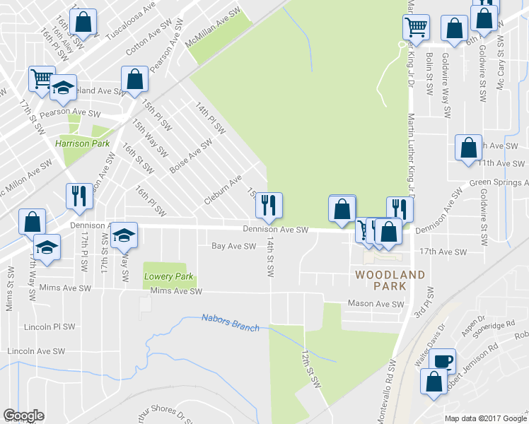 map of restaurants, bars, coffee shops, grocery stores, and more near 1372 15th Street Southwest in Birmingham