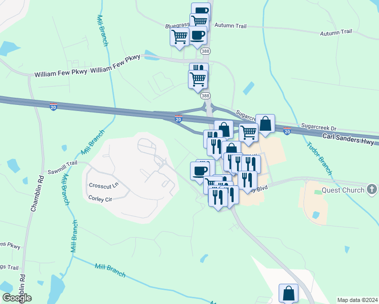 map of restaurants, bars, coffee shops, grocery stores, and more near Husk Box Way in Grovetown