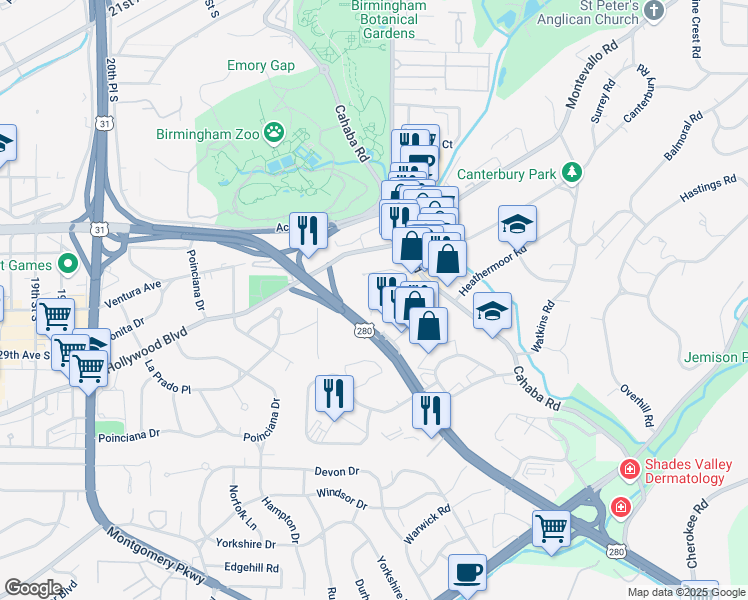 map of restaurants, bars, coffee shops, grocery stores, and more near 2310 Brook Manor Drive in Mountain Brook