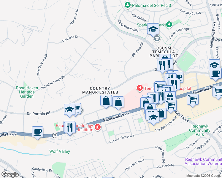 map of restaurants, bars, coffee shops, grocery stores, and more near 30850 De Portola Road in Temecula