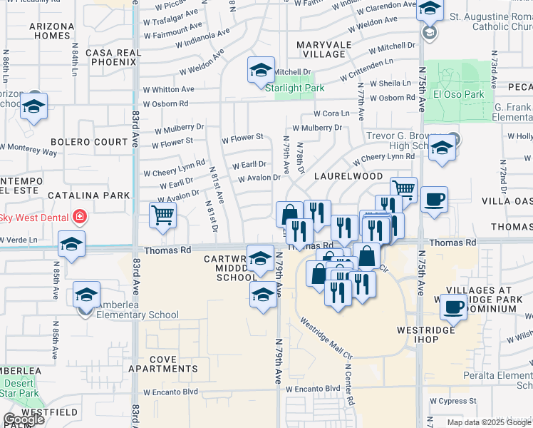 map of restaurants, bars, coffee shops, grocery stores, and more near 7912 West Verde Lane in Phoenix