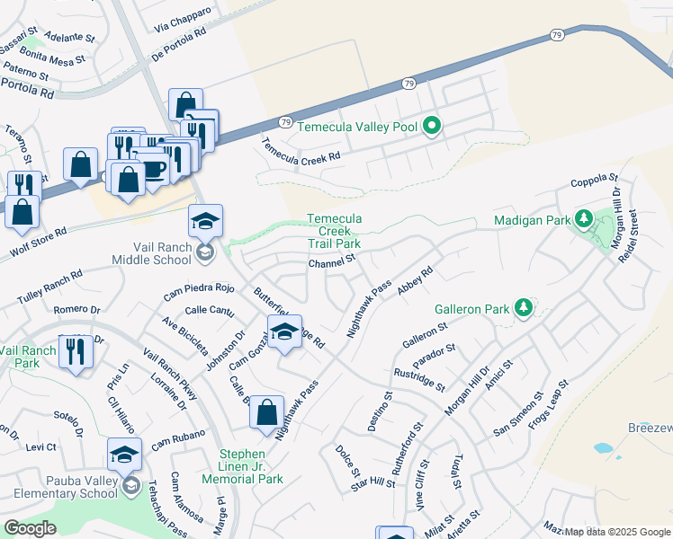 map of restaurants, bars, coffee shops, grocery stores, and more near 44364 Kingston Drive in Temecula