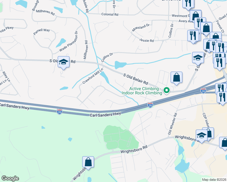 map of restaurants, bars, coffee shops, grocery stores, and more near 431 Belglade Road in Grovetown