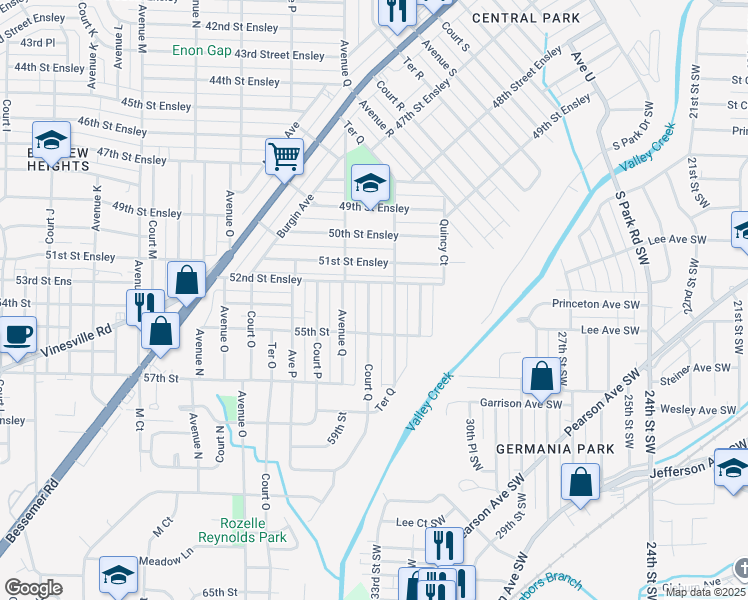 map of restaurants, bars, coffee shops, grocery stores, and more near 5219 Court Q in Birmingham