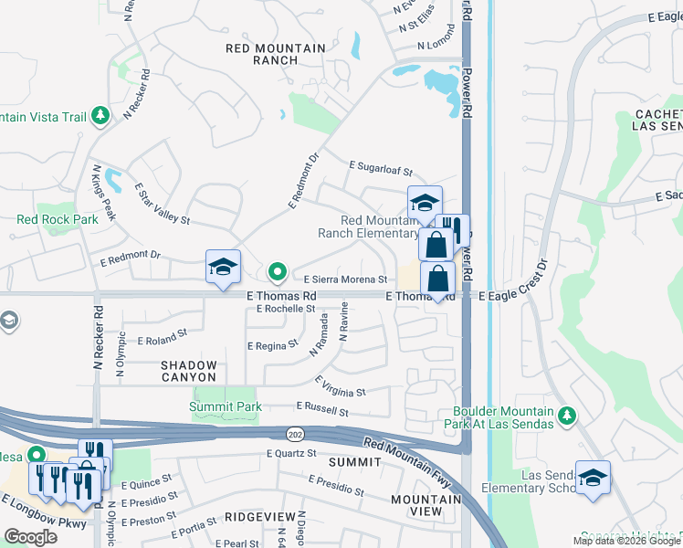 map of restaurants, bars, coffee shops, grocery stores, and more near 6520 East Sierra Morena Street in Mesa