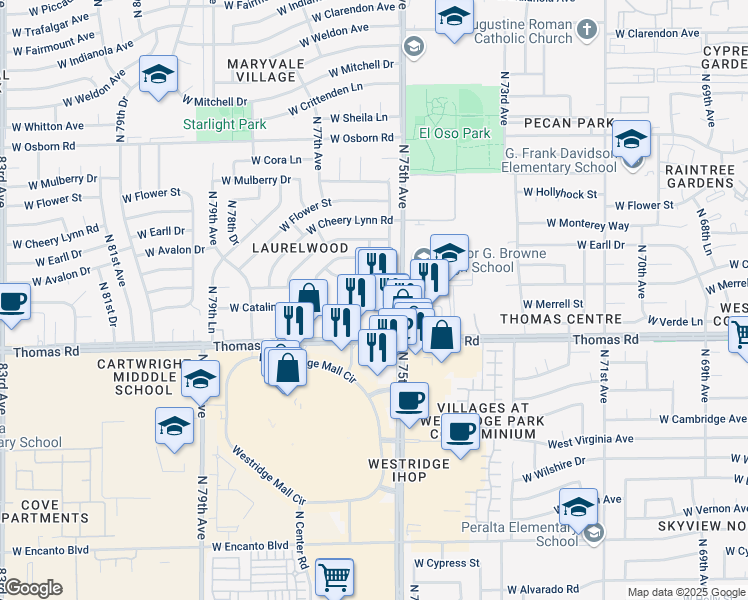 map of restaurants, bars, coffee shops, grocery stores, and more near 7620 West Thomas Road in Phoenix