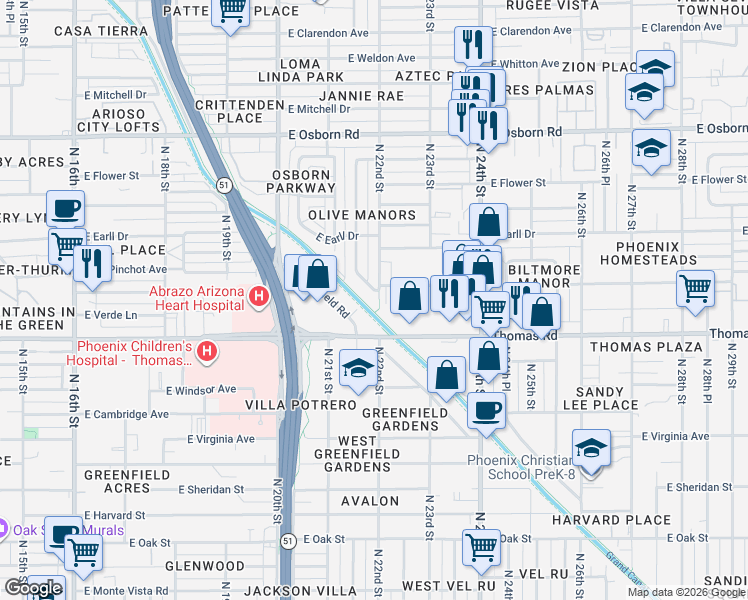 map of restaurants, bars, coffee shops, grocery stores, and more near 2930 North 21st Place in Phoenix
