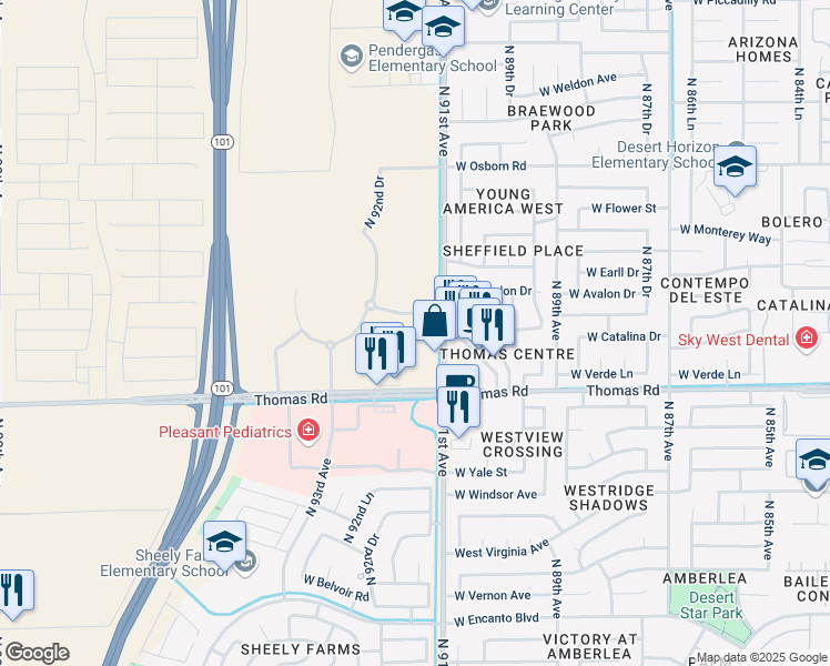 map of restaurants, bars, coffee shops, grocery stores, and more near 3000 North 91st Avenue in Phoenix