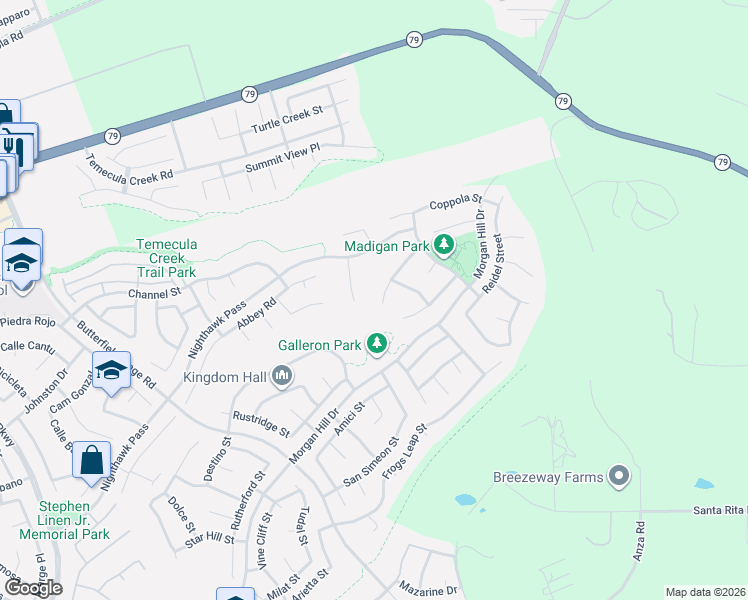 map of restaurants, bars, coffee shops, grocery stores, and more near 44349 Phelps Street in Temecula