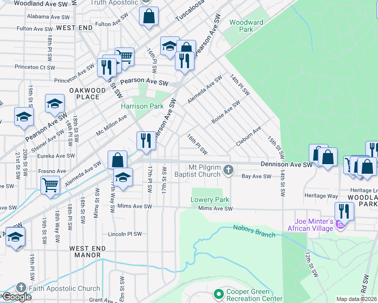 map of restaurants, bars, coffee shops, grocery stores, and more near 1685 Cleburn Avenue in Birmingham