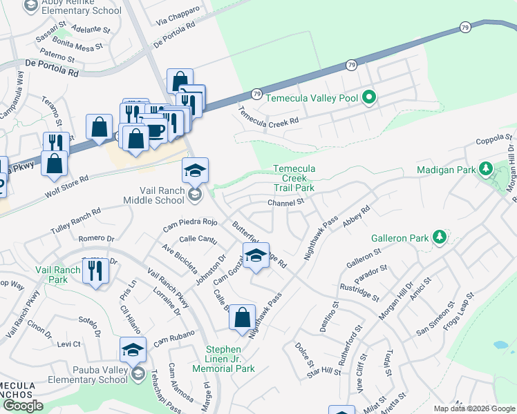 map of restaurants, bars, coffee shops, grocery stores, and more near 33422 Scarborough Lane in Temecula