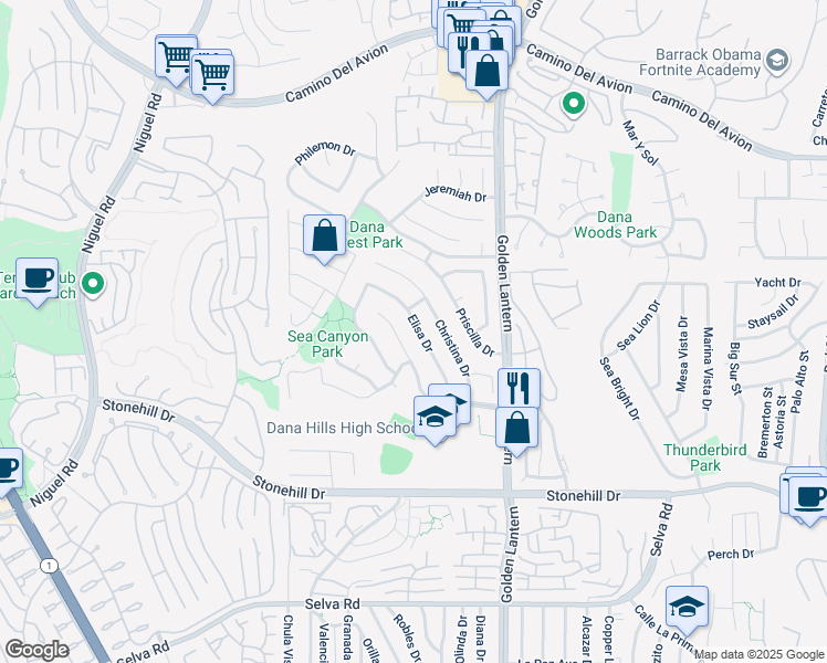 map of restaurants, bars, coffee shops, grocery stores, and more near 33131 Elisa Drive in Dana Point
