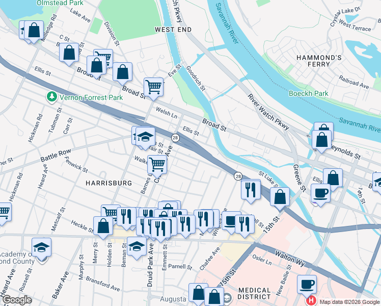 map of restaurants, bars, coffee shops, grocery stores, and more near 1725 Hicks Street in Augusta