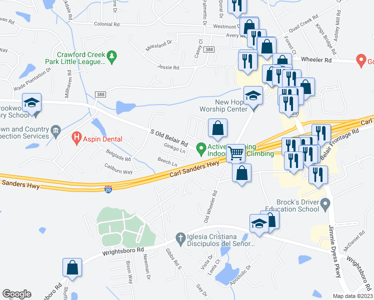map of restaurants, bars, coffee shops, grocery stores, and more near 144 Ginkgo Ln in Grovetown
