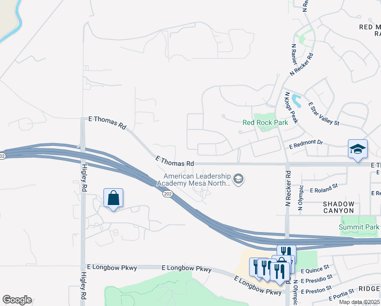 map of restaurants, bars, coffee shops, grocery stores, and more near 5610 East Thomas Road in Mesa