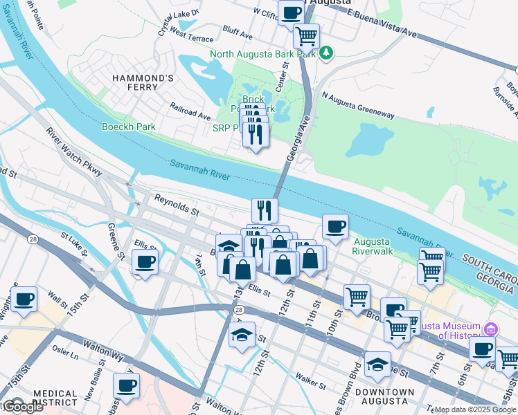 map of restaurants, bars, coffee shops, grocery stores, and more near 1307 Waters Edge Drive in Augusta