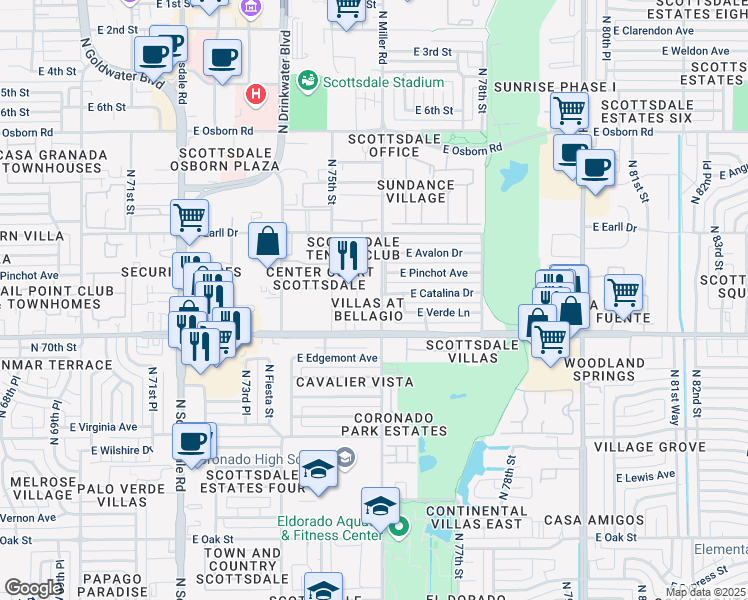 map of restaurants, bars, coffee shops, grocery stores, and more near 2992 North Miller Road in Scottsdale