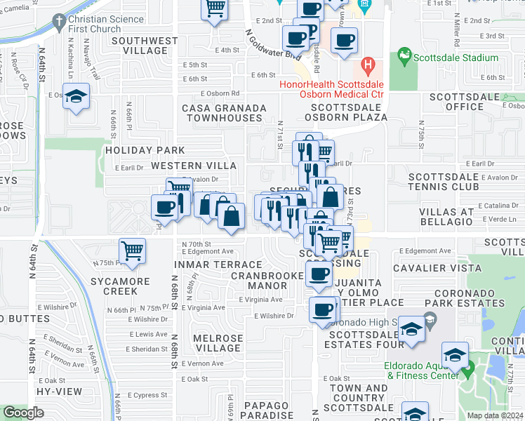 map of restaurants, bars, coffee shops, grocery stores, and more near 2928 North 70th Street in Scottsdale