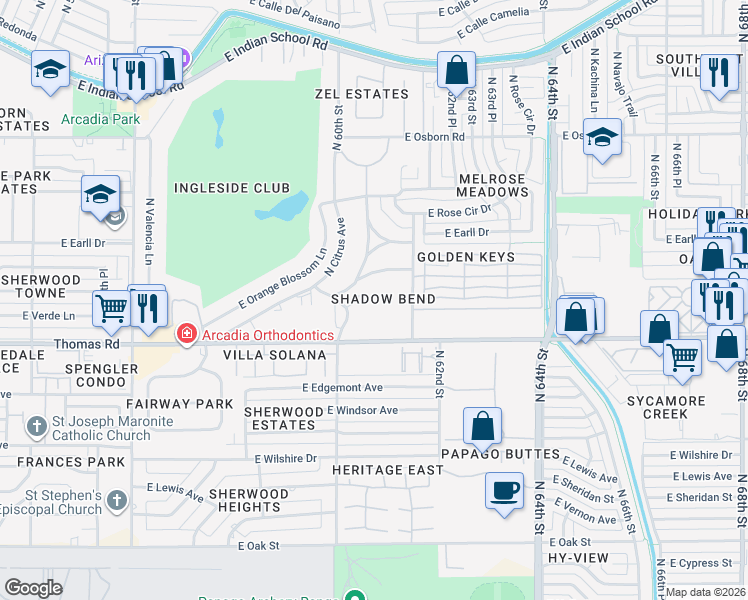 map of restaurants, bars, coffee shops, grocery stores, and more near 2938 North 61st Place in Scottsdale