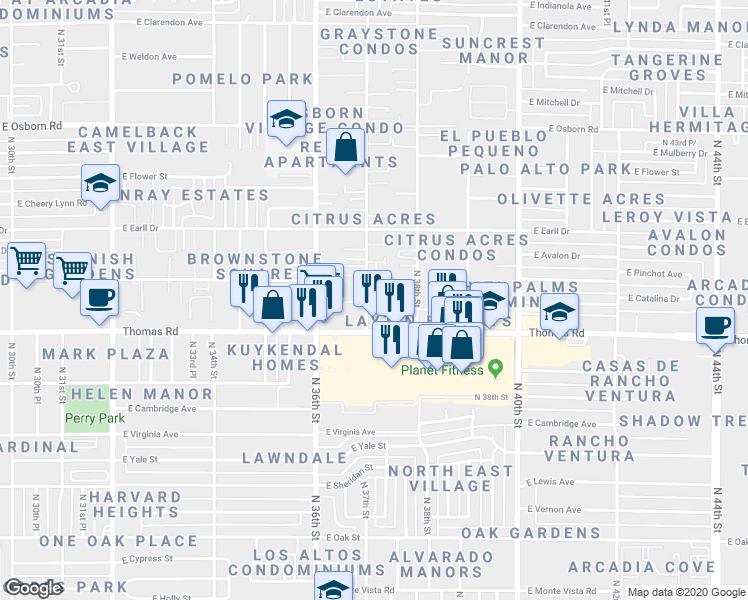 map of restaurants, bars, coffee shops, grocery stores, and more near 2922 North 37th Street in Phoenix