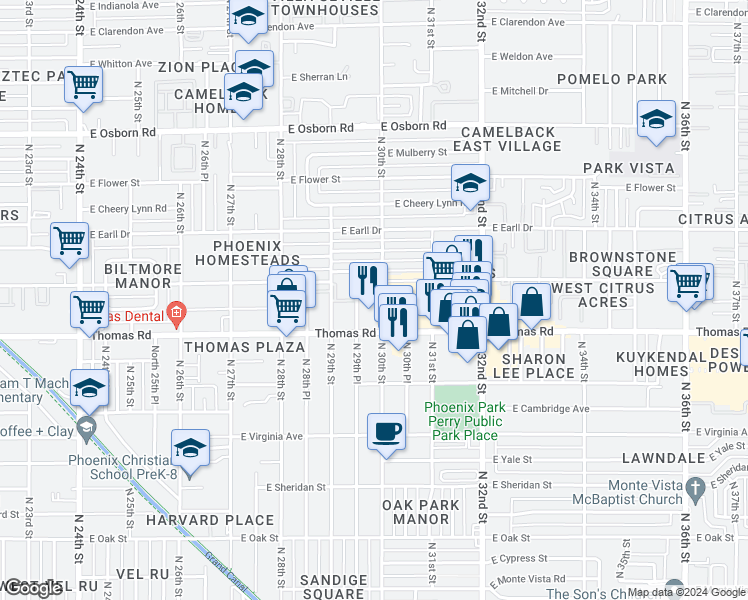 map of restaurants, bars, coffee shops, grocery stores, and more near 3036 East Thomas Road in Phoenix