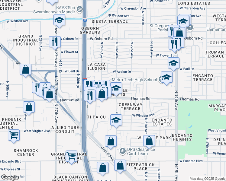 map of restaurants, bars, coffee shops, grocery stores, and more near 2322 West Thomas Road in Phoenix