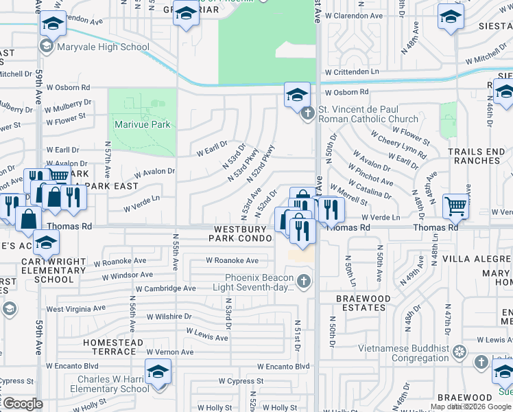 map of restaurants, bars, coffee shops, grocery stores, and more near 2920 North 52nd Drive in Phoenix