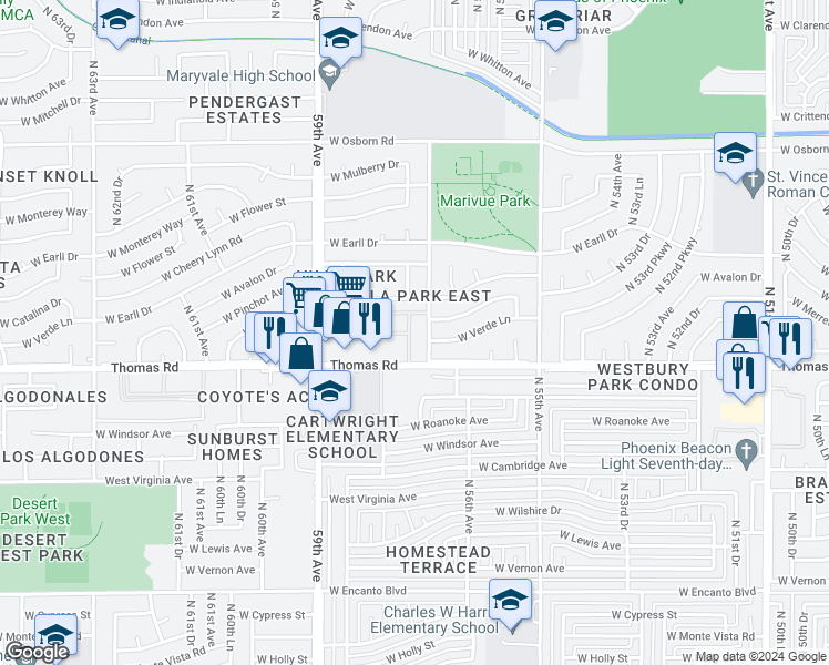 map of restaurants, bars, coffee shops, grocery stores, and more near 5650 West Verde Lane in Phoenix