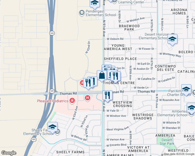 map of restaurants, bars, coffee shops, grocery stores, and more near 9063 W Pinchot Ave in Phoenix